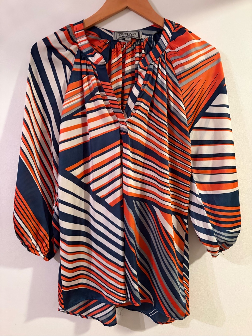 Women’s Navy & Orange Striped V-Neck Blouse